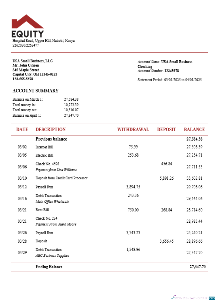 Download Equity bank business firm account statement Word snd PDF format Photoshop template